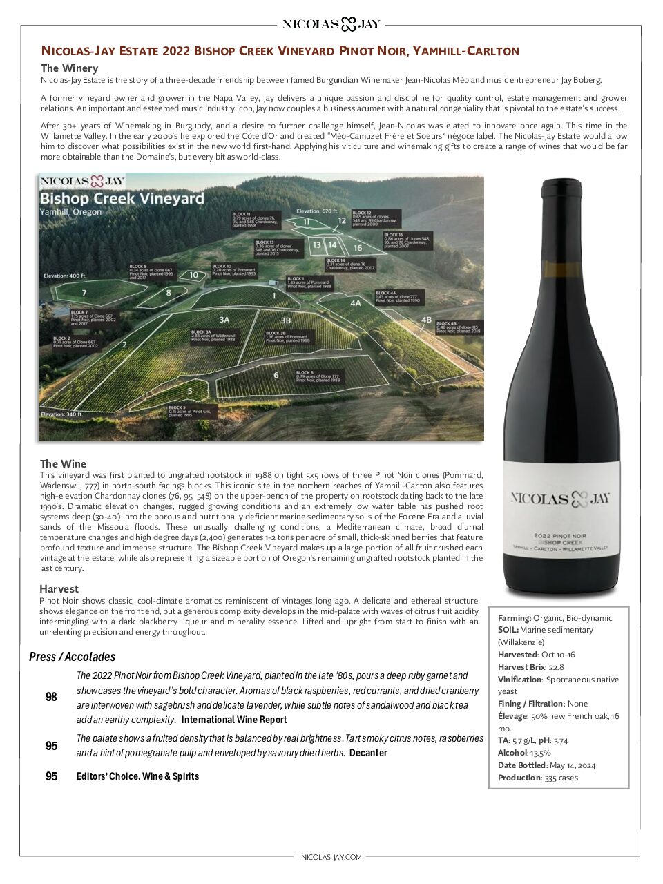 Nicolas-Jay Estate 2022 Bishop Creek Vineyard Pinot Noir Sell Sheet 12 13 24