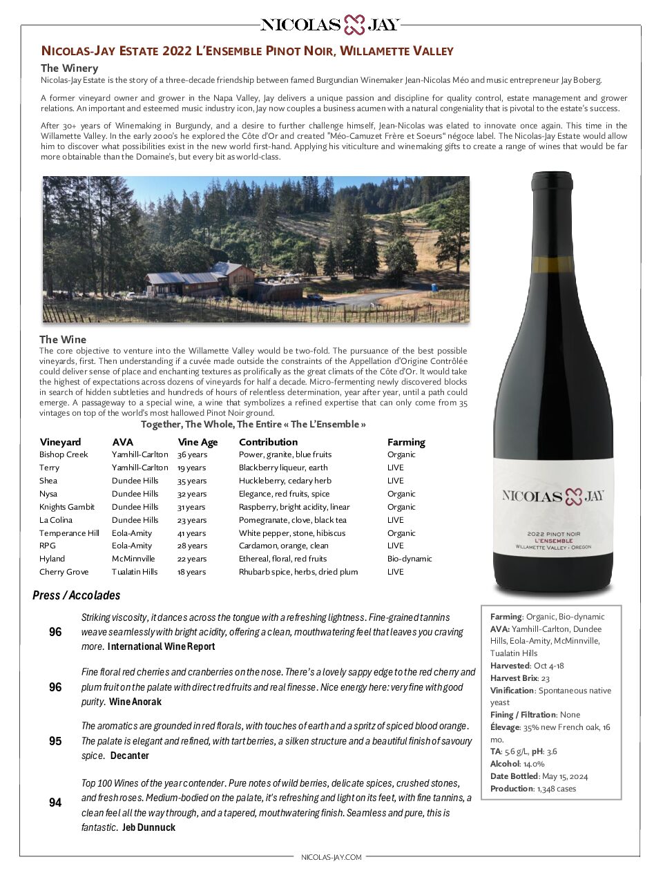 Nicolas-Jay Estate 2022 L’Ensemble Pinot Noir Sell Sheet 12 10 24