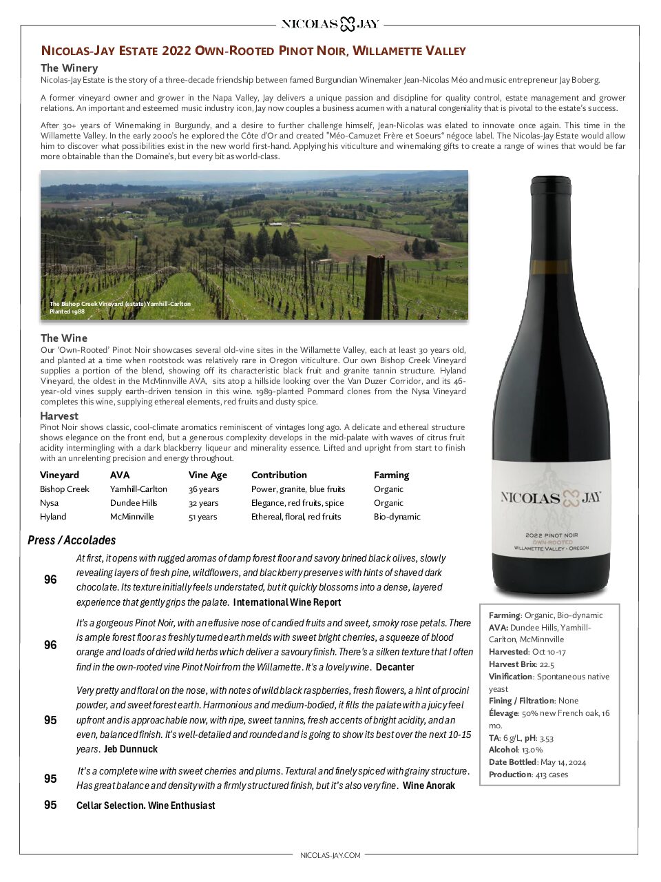 Nicolas-Jay Estate 2022 Own-Rooted Pinot Noir Sell Sheet 12 13 24