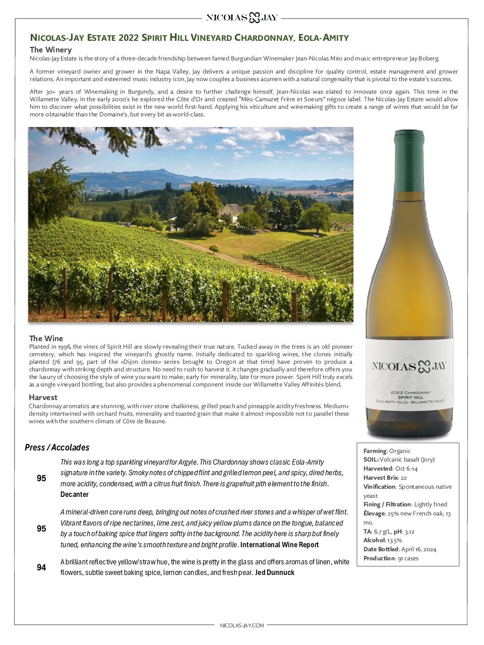 Nicolas-Jay Estate 2022 Spirit Hill Vineyard Chardonnay Sell Sheet 12 16 24