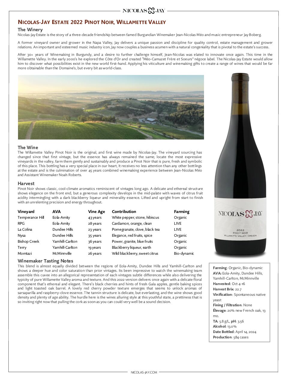 Nicolas-Jay Estate 2022 Willamette Valley Pinot Noir Sell Sheet 12 16 24