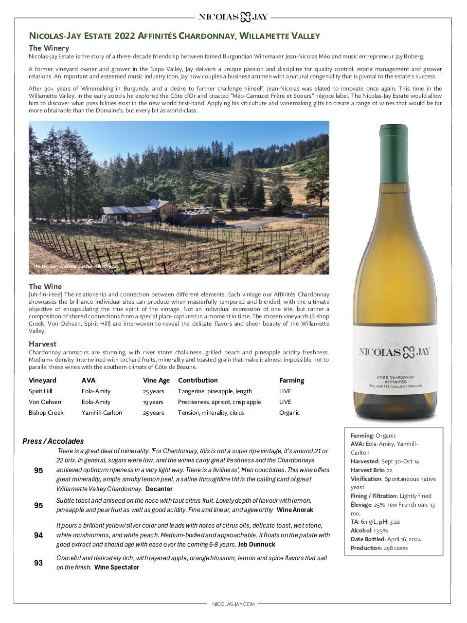 Nicolas-Jay Estate 2022 Affinites Chardonnay Sell Sheet 3 18 25