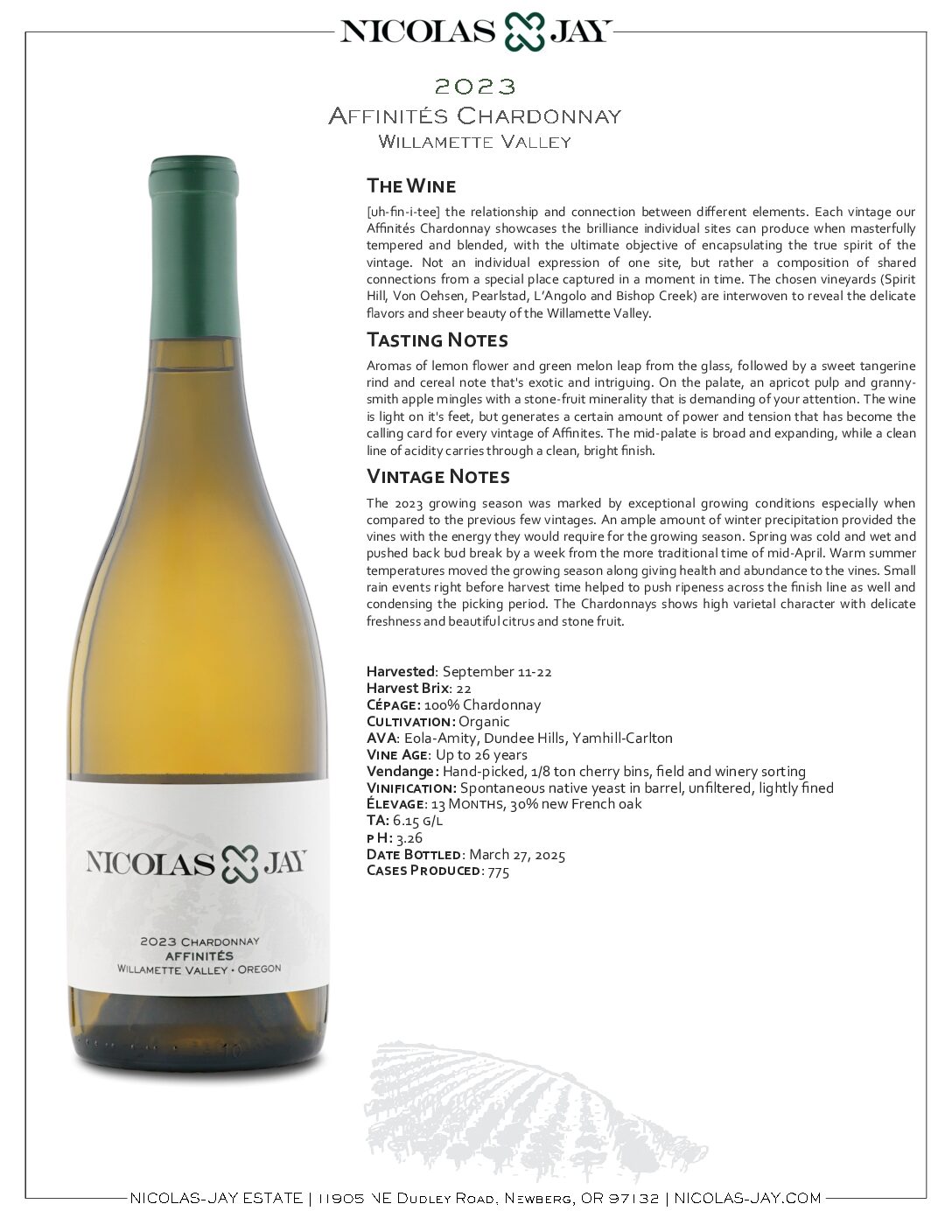 2023 Nicolas-Jay Estate Affinités Chardonnay Tech Sheet