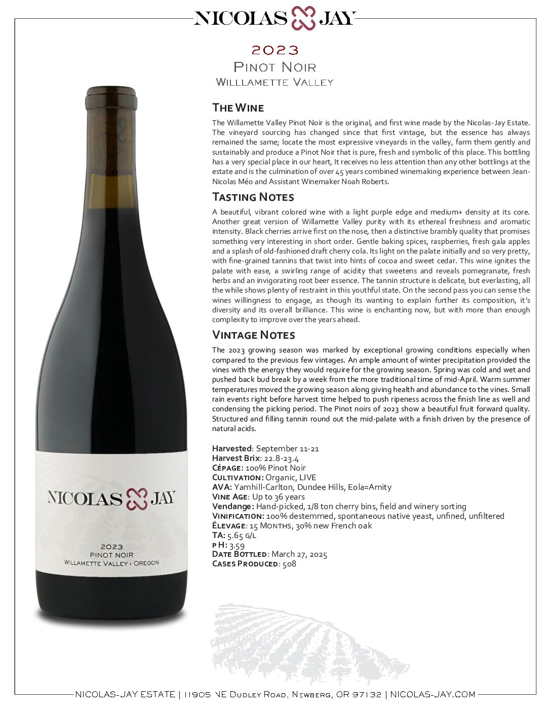 2023 Nicolas-Jay Estate Willamette Valley Pinot Noir Tech Sheet