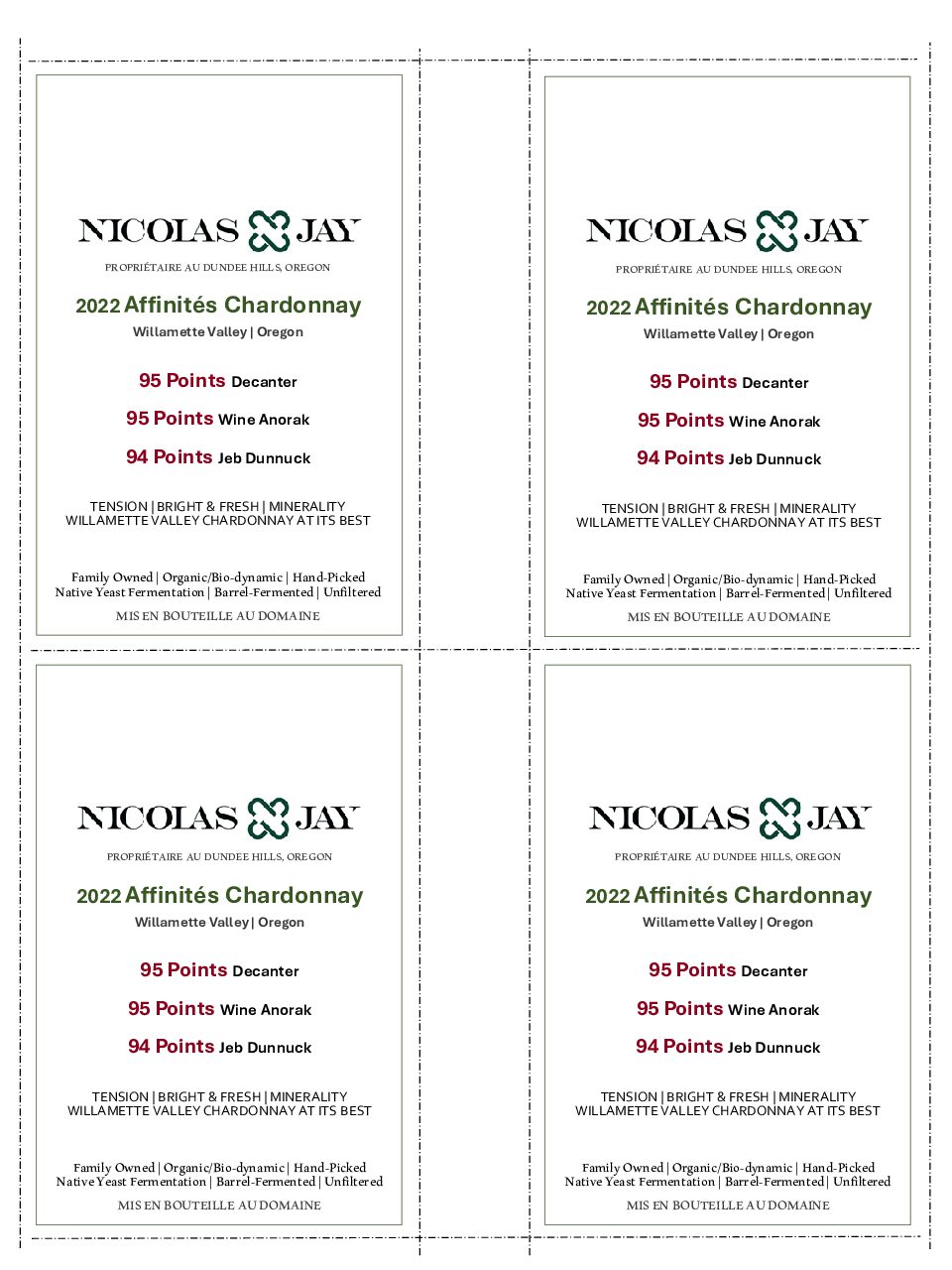 Nicolas-Jay Estate Affinites Chardonnay 2022 Shelf Talker