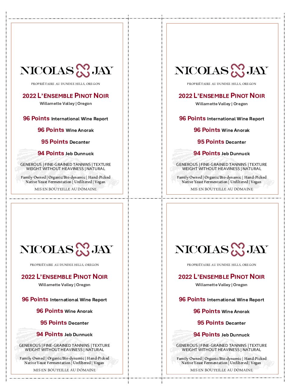 Nicolas-Jay Estate L’Ensemble Pinot Noir 2022 Shelf Talker