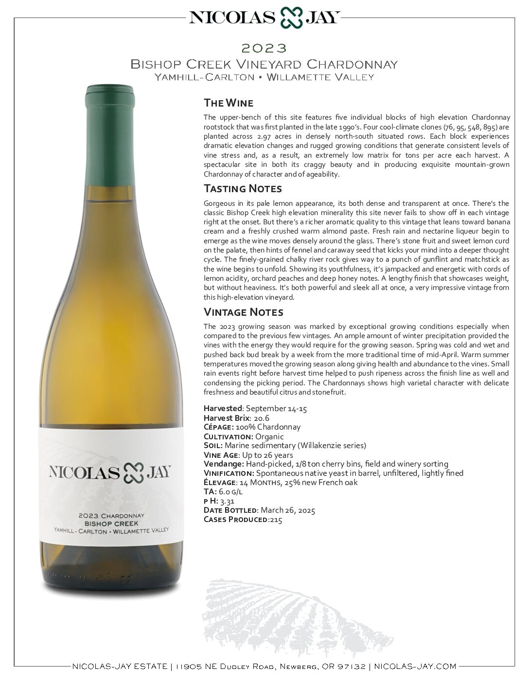 2023 Nicolas-Jay Estate Bishop Creek Vineyard Chardonnay Tech Sheet