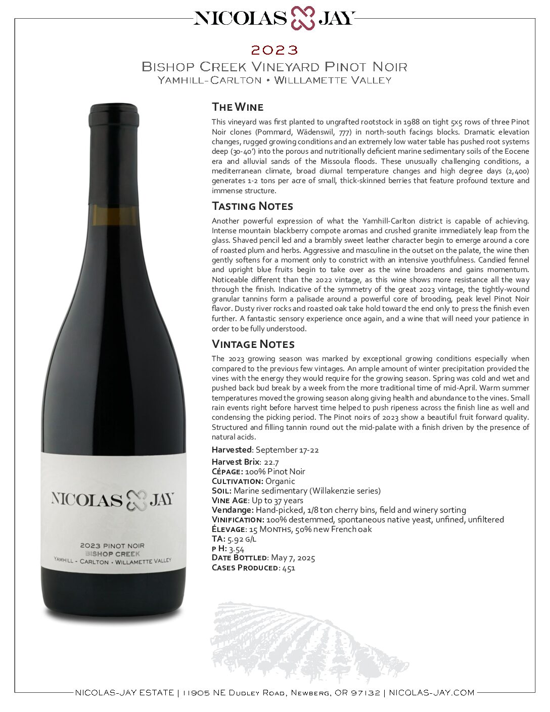 2023 Nicolas-Jay Estate Bishop Creek Vineyard Pinot Noir Tech Sheet