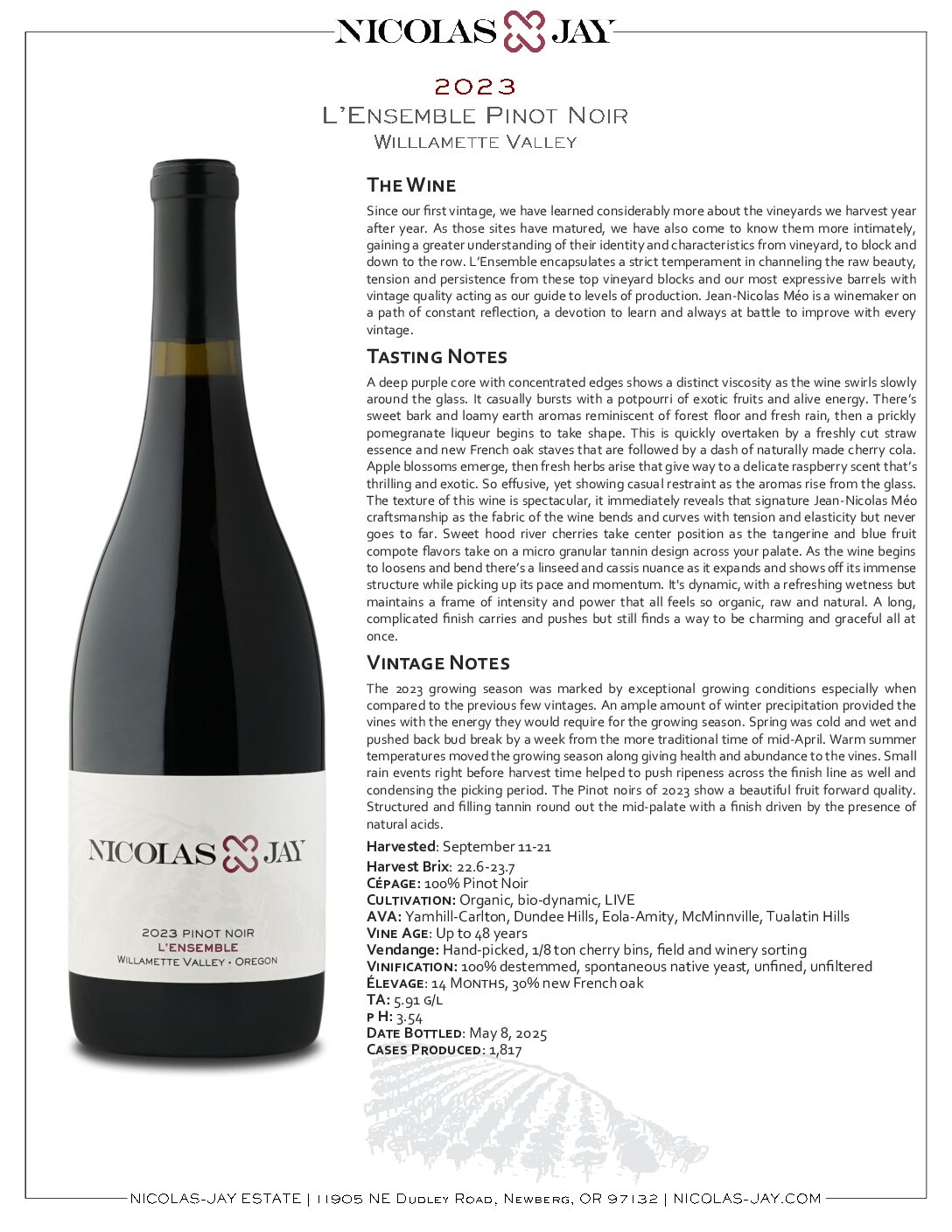 2023 Nicolas-Jay Estate L’Ensemble Pinot Noir Tech Sheet
