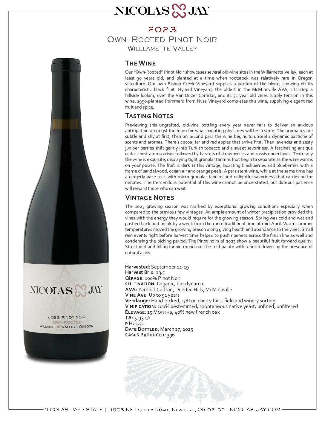 2023 Nicolas-Jay Estate Own-Rooted Pinot Noir Tech Sheet