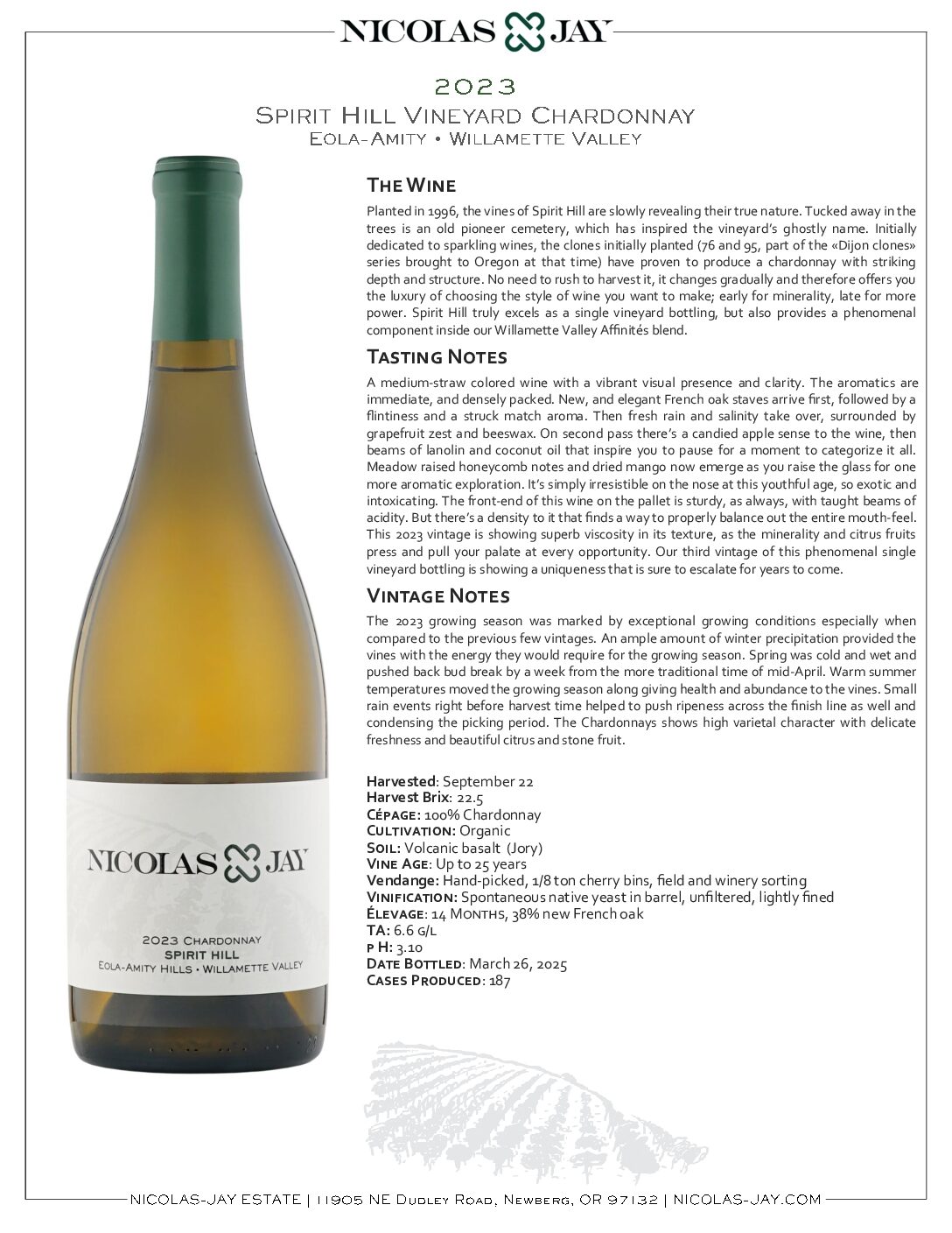 2023 Nicolas-Jay Estate Spirit Hill Vineyard Chardonnay Tech Sheet