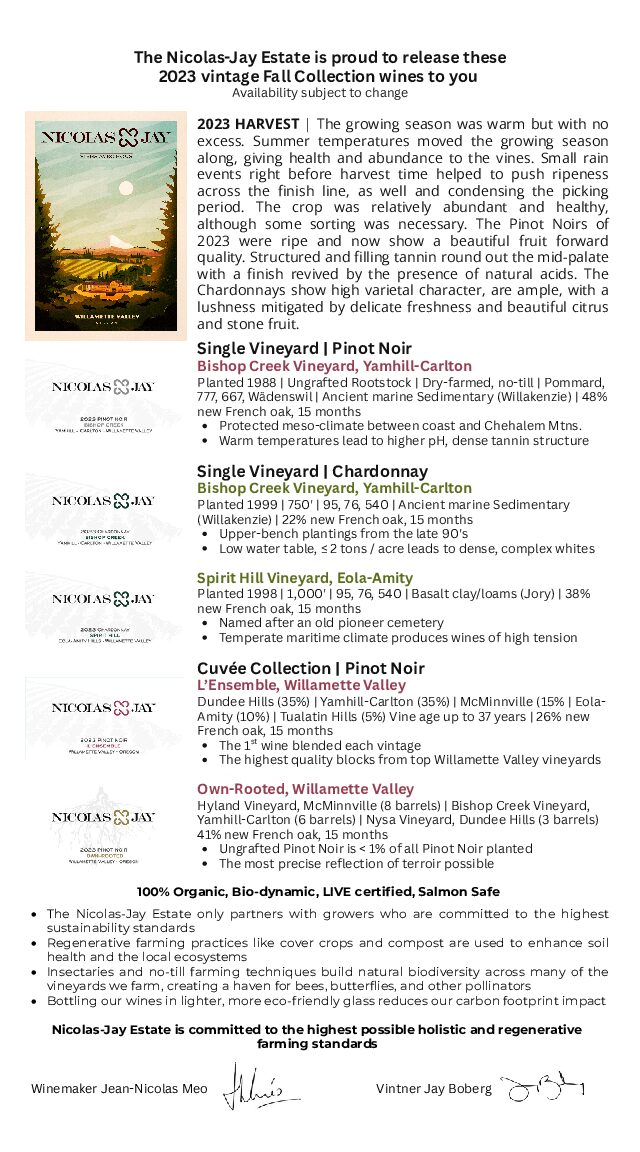 Nicolas-Jay Estate 2023 vintage Fall Collection release